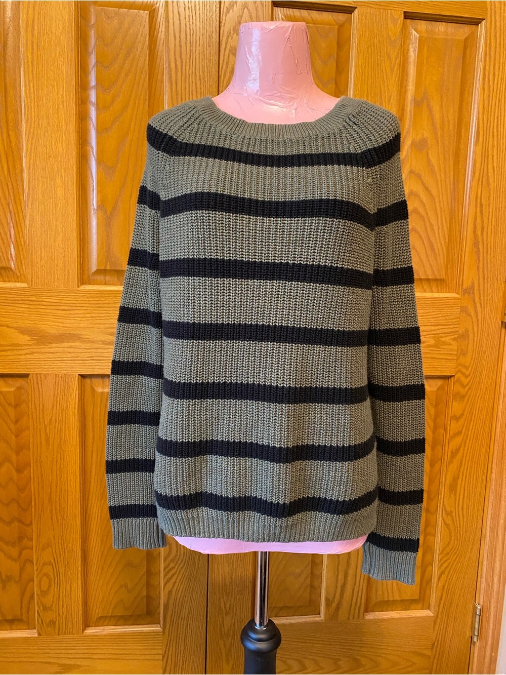 Express Olive Green and Black Striped Crewneck Sweater